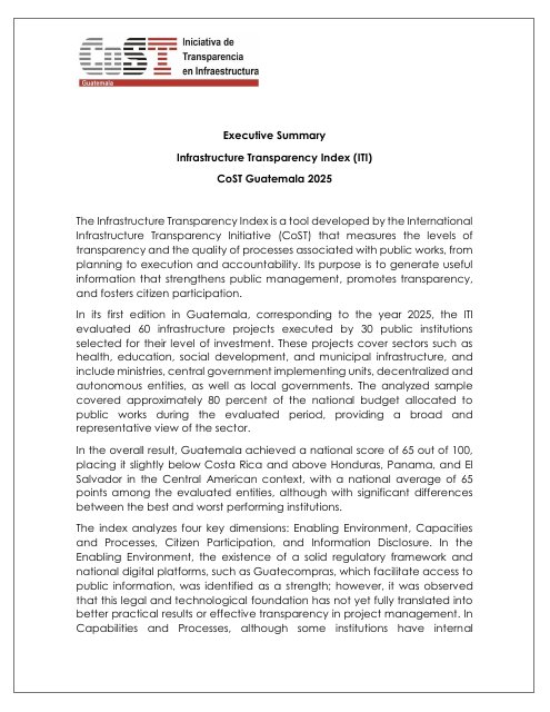 Portada de CoST Guatemala ITI Executive Summary 2025